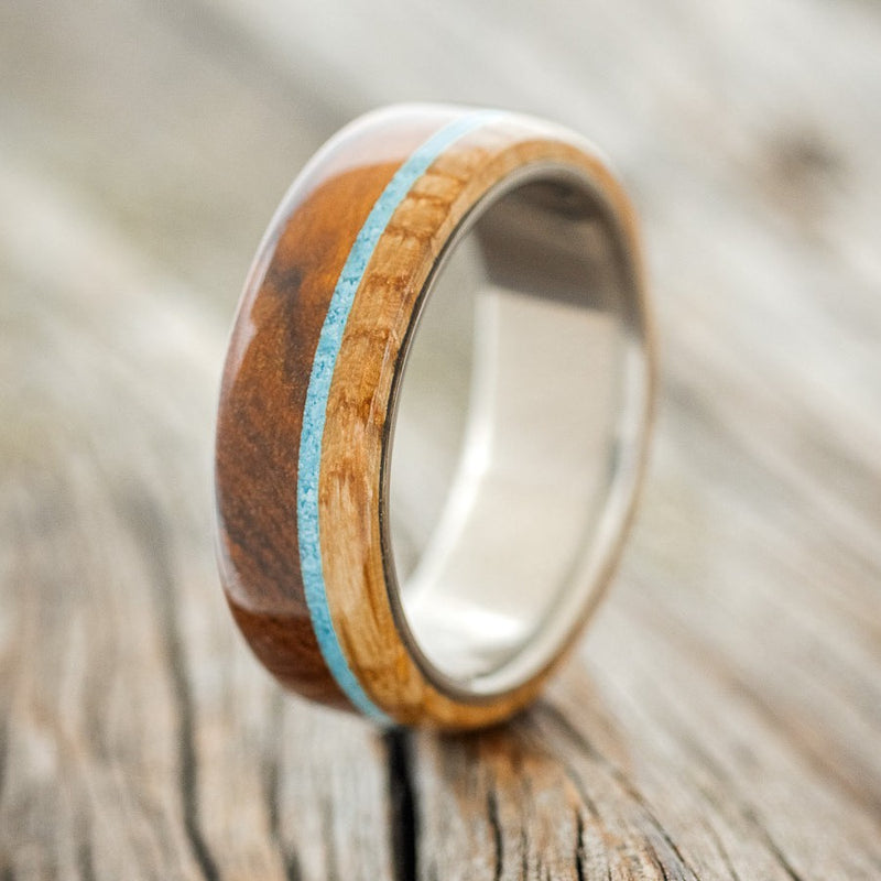 "ARGOS" - IRONWOOD, TURQUOISE & WHISKEY BARREL OAK WEDDING RING-1