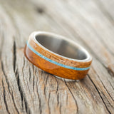 "ARGOS" - IRONWOOD, TURQUOISE & WHISKEY BARREL OAK WEDDING RING-2