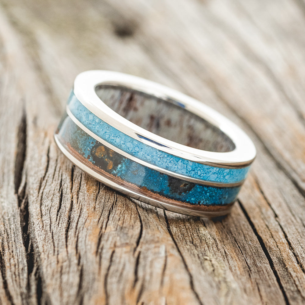 "RAPTOR" - PATINA COPPER & TURQUOISE WEDDING RING FEATURING AN ANTLER LINED BAND-3