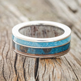 "RAPTOR" - PATINA COPPER & TURQUOISE WEDDING RING FEATURING AN ANTLER LINED BAND - READY TO SHIP-5