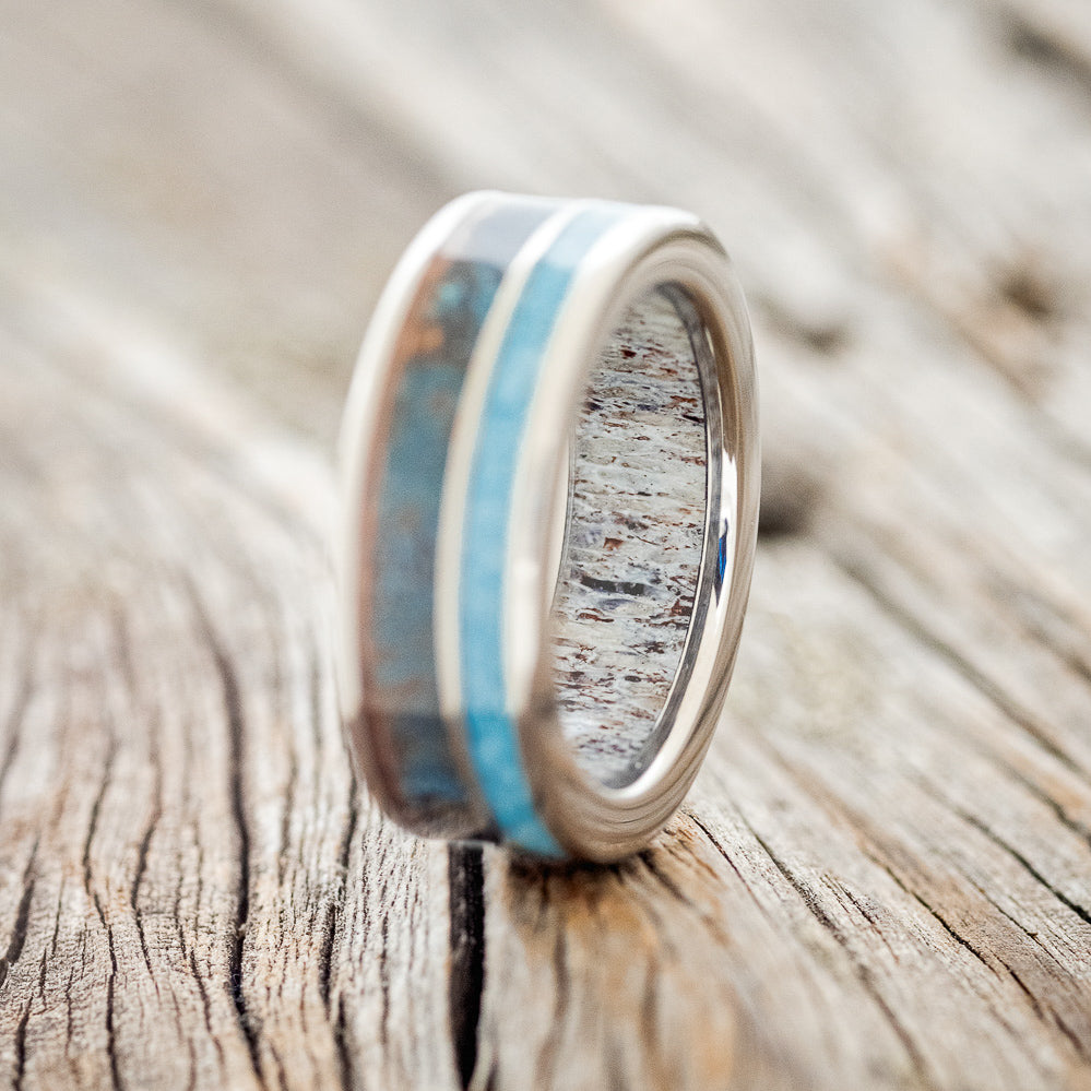 "RAPTOR" - PATINA COPPER & TURQUOISE WEDDING RING FEATURING AN ANTLER LINED BAND-2