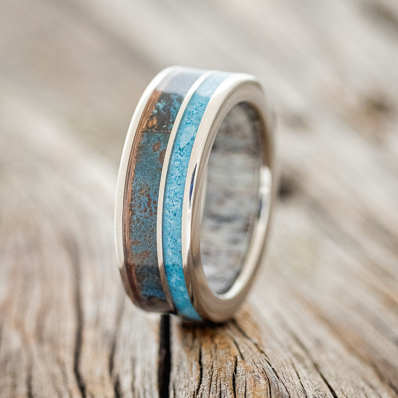 "RAPTOR" - PATINA COPPER & TURQUOISE WEDDING RING FEATURING AN ANTLER LINED BAND - READY TO SHIP-1