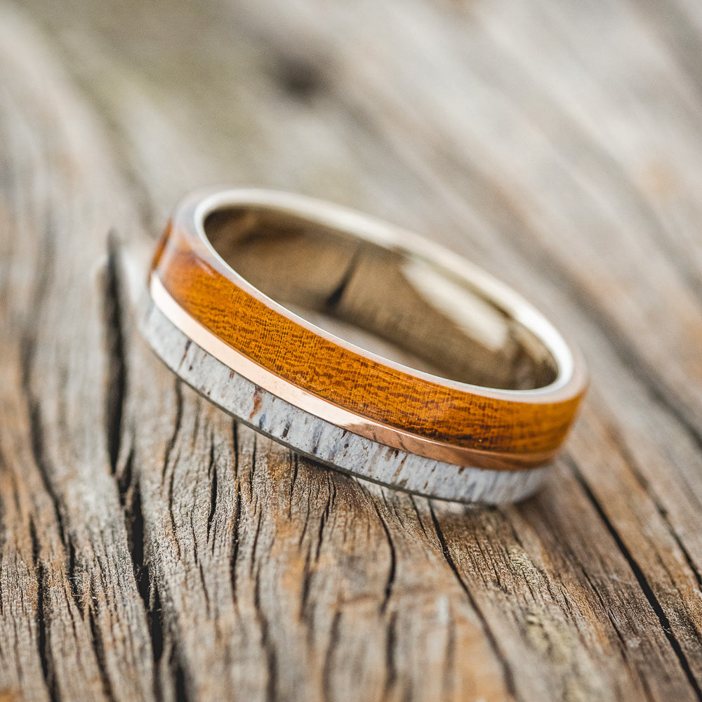 "GOLDEN" - IRONWOOD, ANTLER & 14K GOLD INLAY WEDDING RING FEATURING A 14K GOLD BAND-2