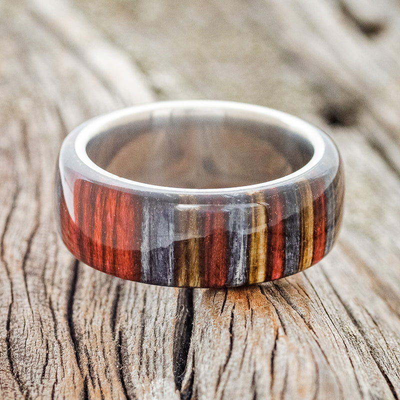 "HAVEN" - RED, GREY & BROWN DYED BIRCH WOOD WEDDING RING - TITANIUM - SIZE 10 1/2-3