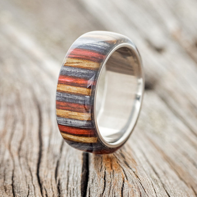 "HAVEN" - RED, GREY & BROWN DYED BIRCH WOOD WEDDING RING - TITANIUM - SIZE 8 1/4-1