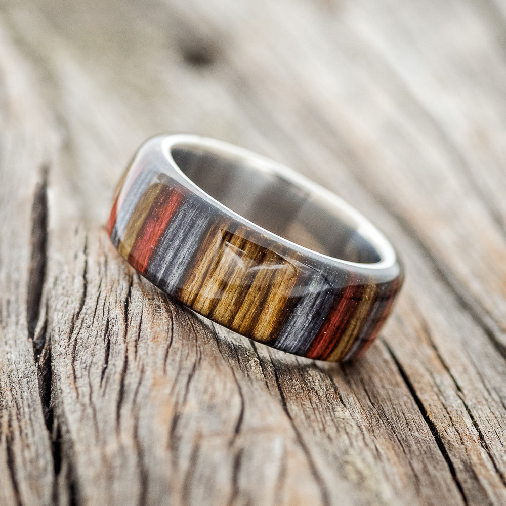 "HAVEN" - RED, GREY & BROWN DYED BIRCH WOOD WEDDING RING-2