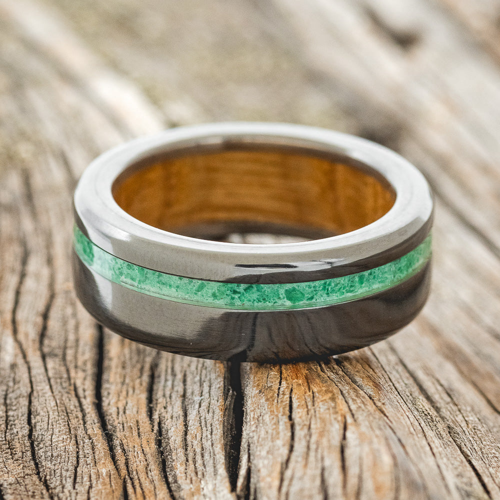 "VERTIGO" - MALACHITE WEDDING RING FEATURING A WHISKEY BARREL LINED BLACK ZIRCONIUM BAND-5