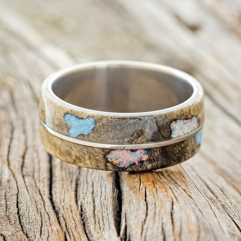 "GOLDEN" - BUCKEYE BURL WOOD, TURQUOISE & FIRE AND ICE OPAL WEDDING BAND-3