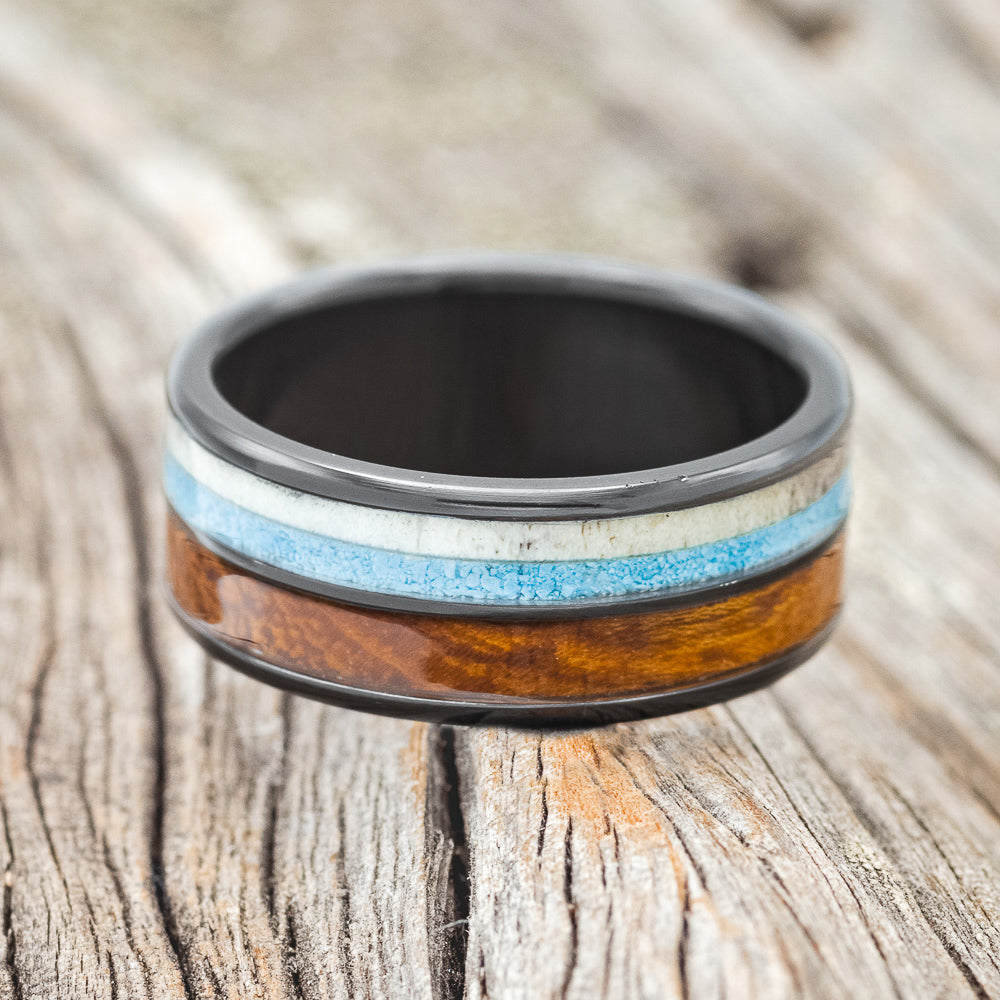 "DYAD" - IRONWOOD, ANTLER & TURQUOISE WEDDING BAND-11