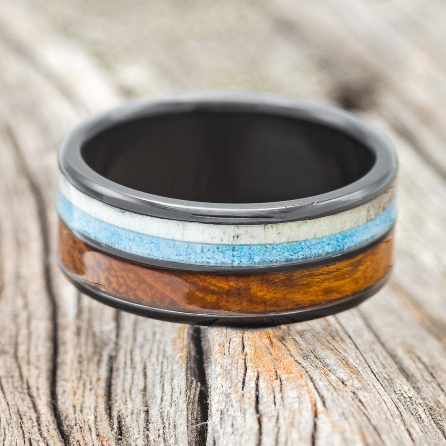 "DYAD" - IRONWOOD, ANTLER & TURQUOISE WEDDING BAND-11