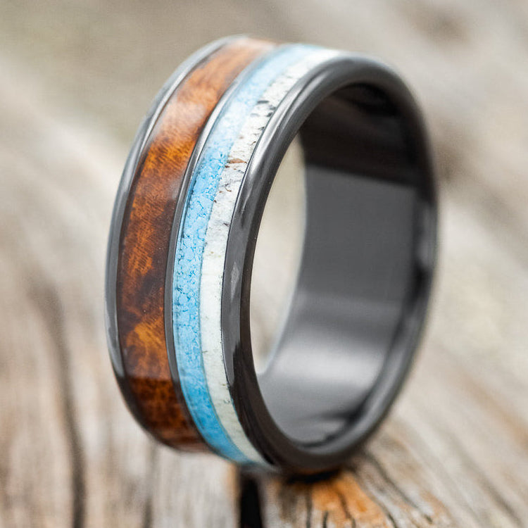 "DYAD" - IRONWOOD, ANTLER & TURQUOISE WEDDING BAND-7