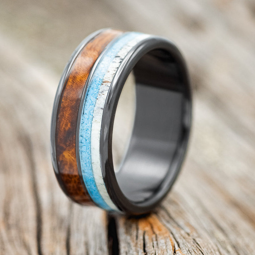 "DYAD" - IRONWOOD, ANTLER & TURQUOISE WEDDING BAND-7