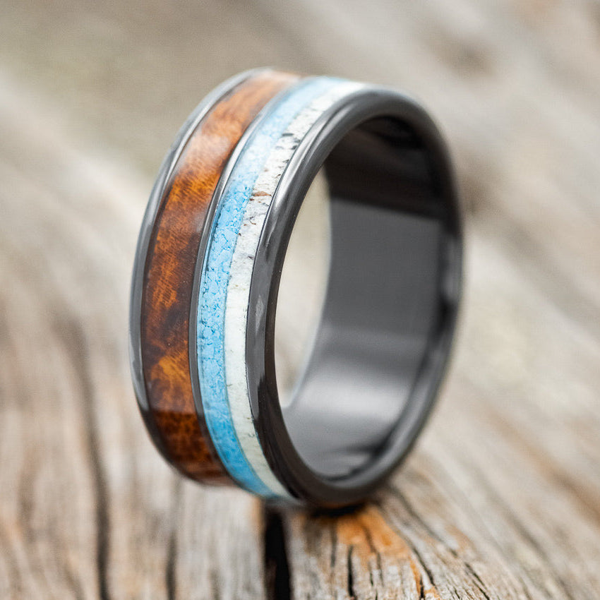 "DYAD" - IRONWOOD, ANTLER & TURQUOISE WEDDING BAND - READY TO SHIP-7