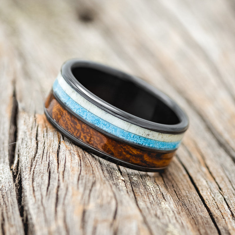 "DYAD" - IRONWOOD, ANTLER & TURQUOISE WEDDING BAND - READY TO SHIP-8