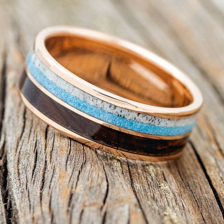 "DYAD" - IRONWOOD, ANTLER & TURQUOISE WEDDING BAND-16