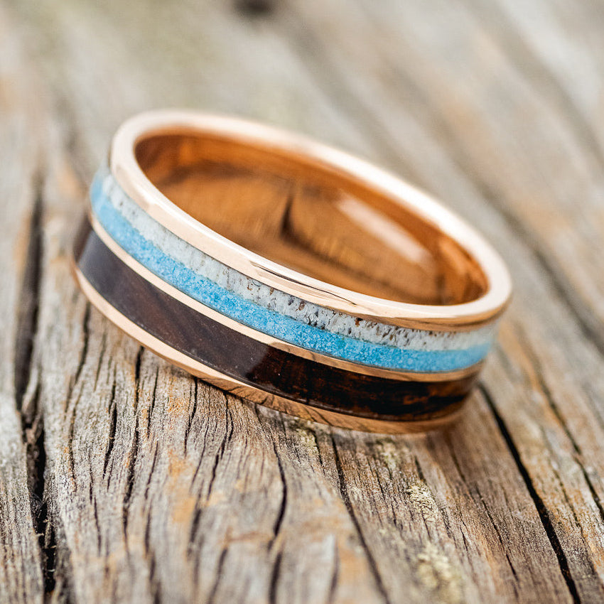 "DYAD" - IRONWOOD, ANTLER & TURQUOISE WEDDING BAND-16