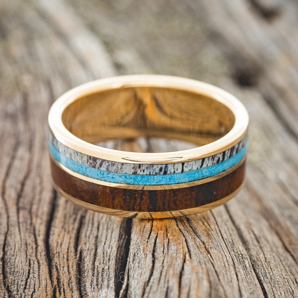 "DYAD" - IRONWOOD, ANTLER & TURQUOISE WEDDING BAND-14