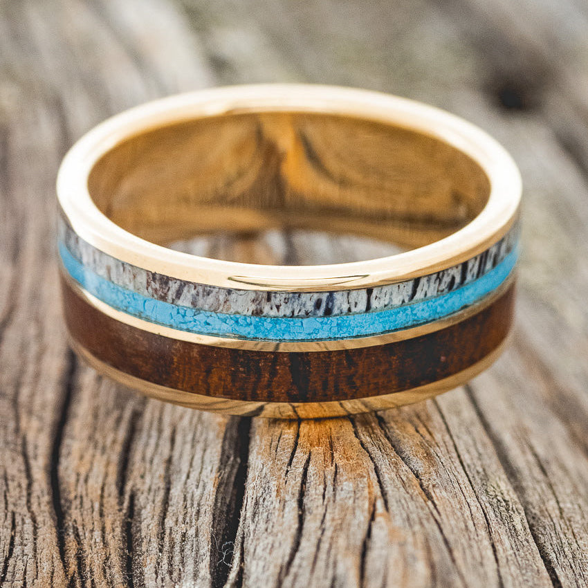 "DYAD" - IRONWOOD, ANTLER & TURQUOISE WEDDING BAND-14