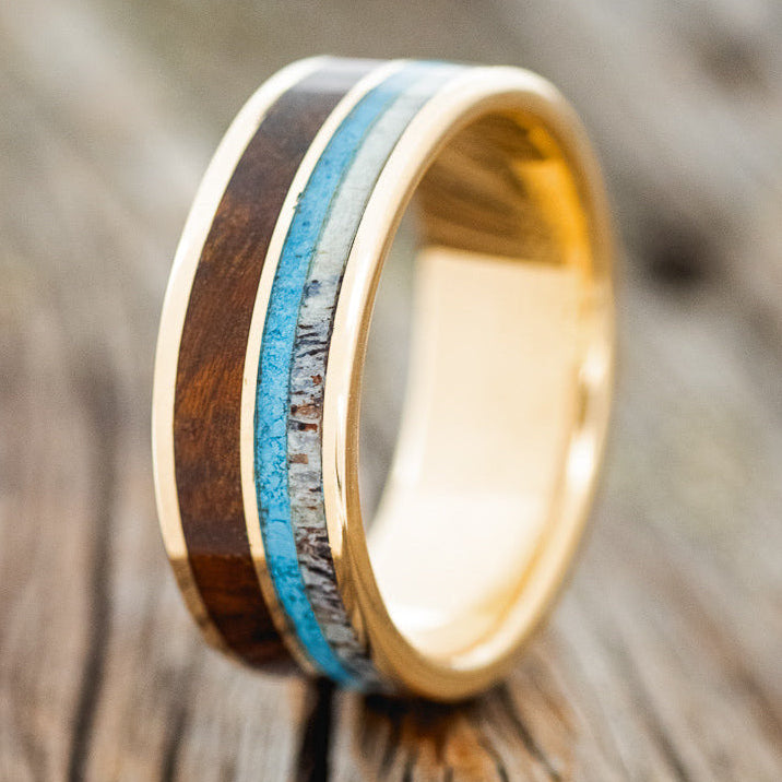 "DYAD" - IRONWOOD, ANTLER & TURQUOISE WEDDING BAND-12