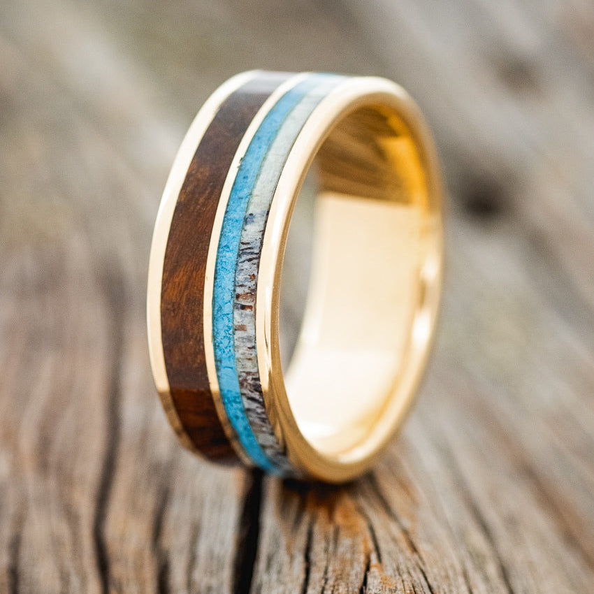"DYAD" - IRONWOOD, ANTLER & TURQUOISE WEDDING BAND-12