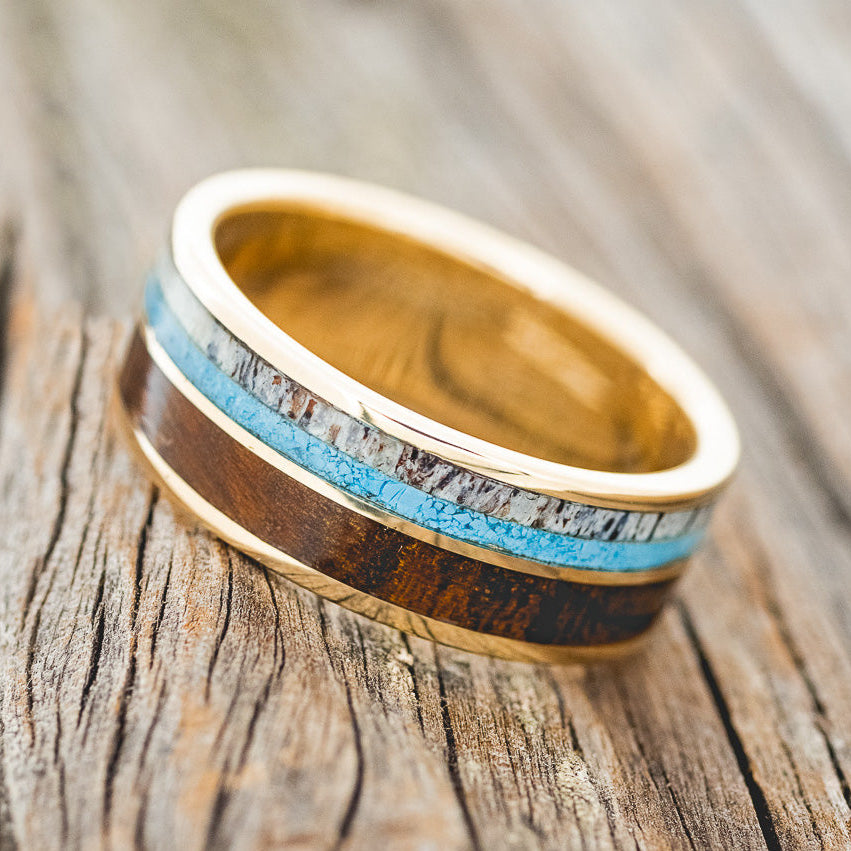 "DYAD" - IRONWOOD, ANTLER & TURQUOISE WEDDING BAND-13