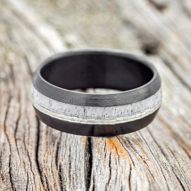 "TANNER" - DOMED ANTLER & HAMMERED SILVER INLAY WEDDING RING FEATURING A BRUSHED BLACK ZIRCONIUM BAND-3