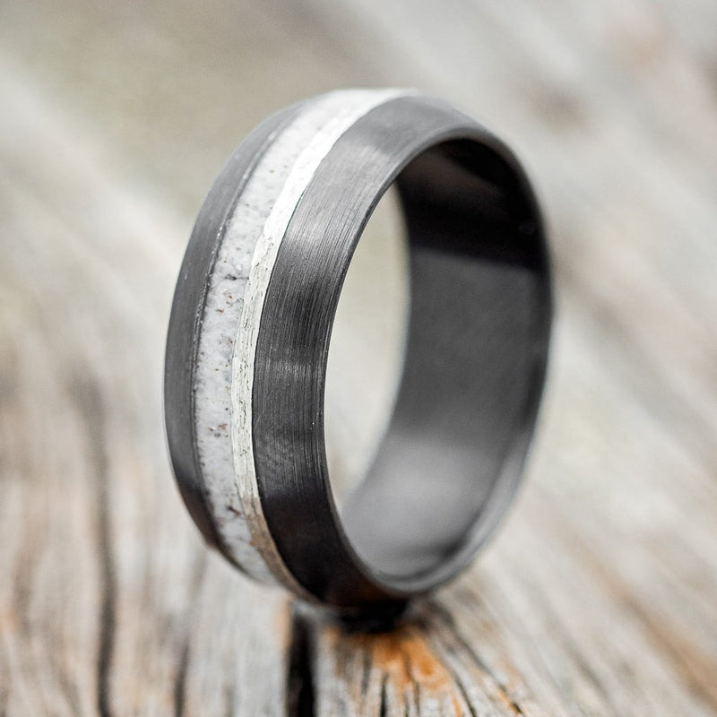 "TANNER" - DOMED ANTLER & HAMMERED SILVER INLAY WEDDING RING FEATURING A BRUSHED BLACK ZIRCONIUM BAND-1