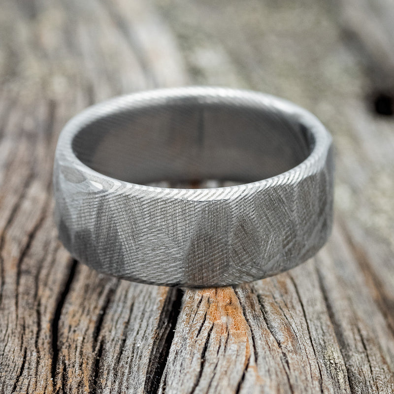FACETED DAMASCUS STEEL WEDDING RING WITH AN ETCHED FINISH - READY TO SHIP