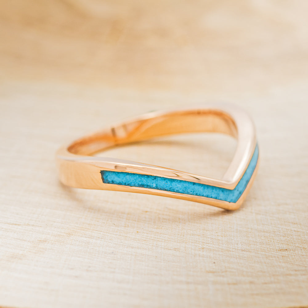 "KIDA" - V-SHAPE STACKING WEDDING BAND WITH TURQUOISE INLAY-9