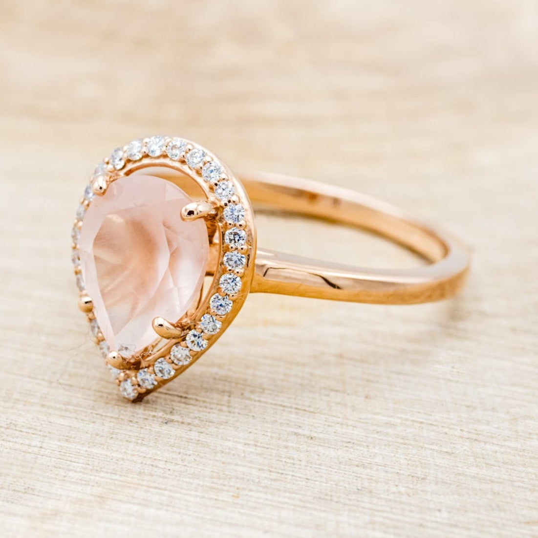 "CLARISS" - PEAR-SHAPED ROSE QUARTZ ENGAGEMENT RING WITH DIAMOND HALO-3