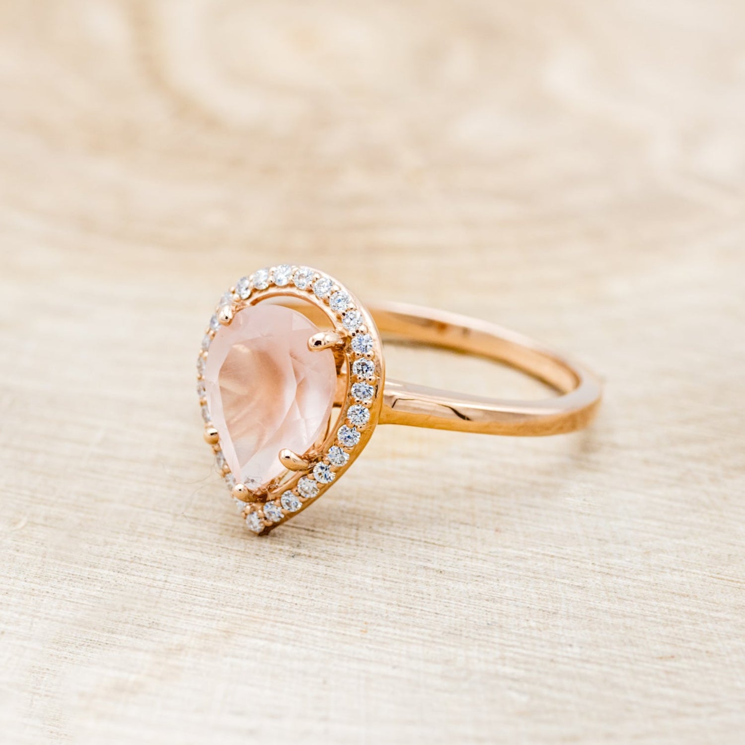 "CLARISS" - PEAR-SHAPED ROSE QUARTZ ENGAGEMENT RING WITH DIAMOND HALO-3