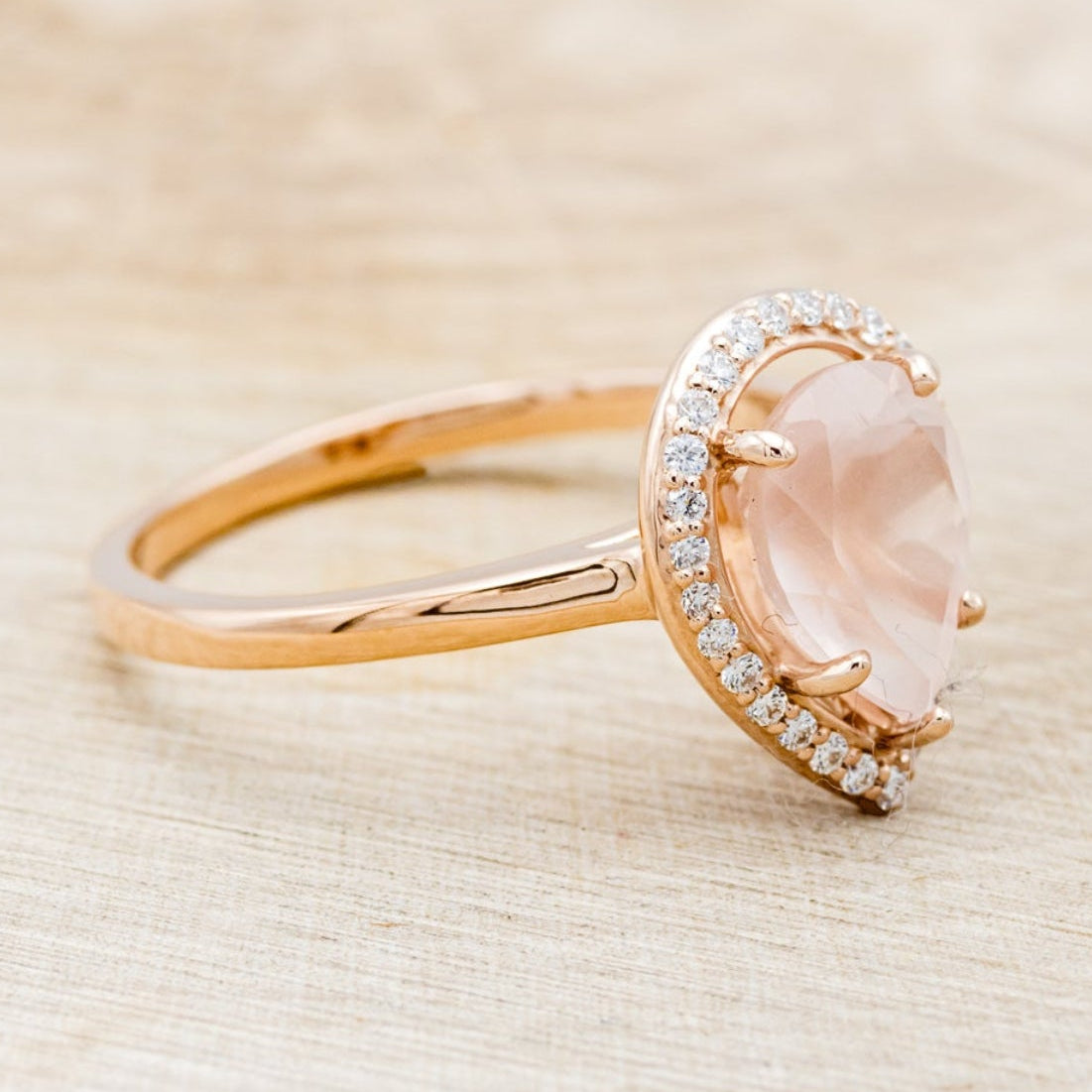 "CLARISS" - PEAR-SHAPED ROSE QUARTZ ENGAGEMENT RING WITH DIAMOND HALO-2
