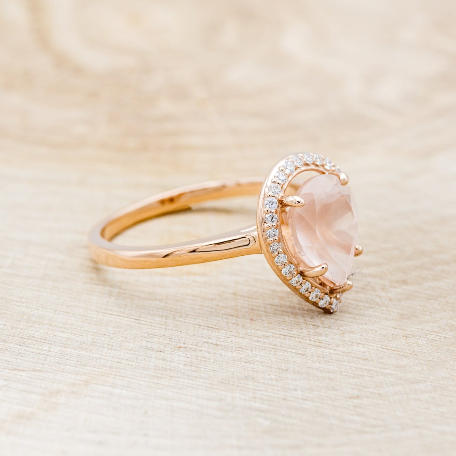 "CLARISS" - PEAR-SHAPED ROSE QUARTZ ENGAGEMENT RING WITH DIAMOND HALO-2