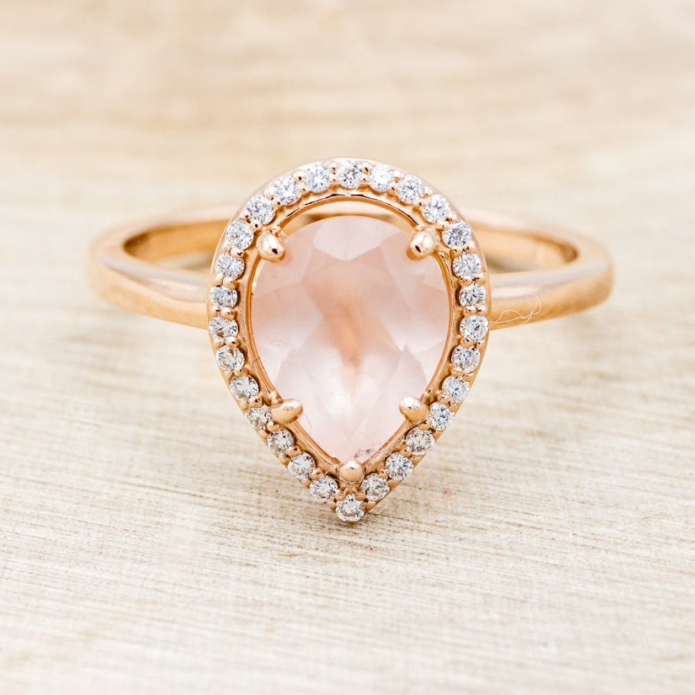 "CLARISS" - PEAR-SHAPED ROSE QUARTZ ENGAGEMENT RING WITH DIAMOND HALO-4