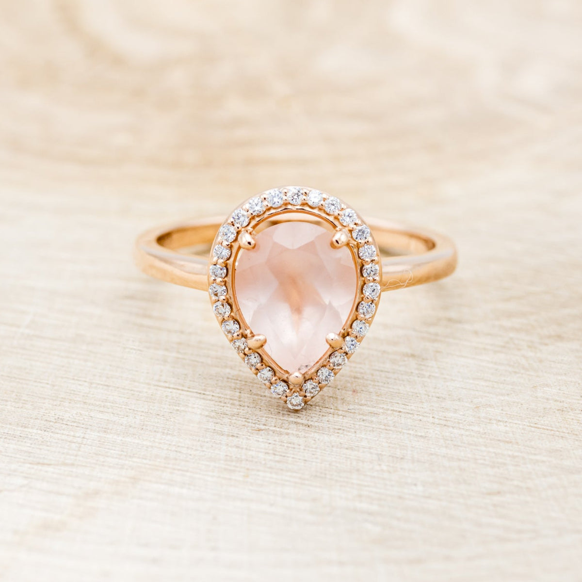 "CLARISS" - PEAR-SHAPED ROSE QUARTZ ENGAGEMENT RING WITH DIAMOND HALO-4