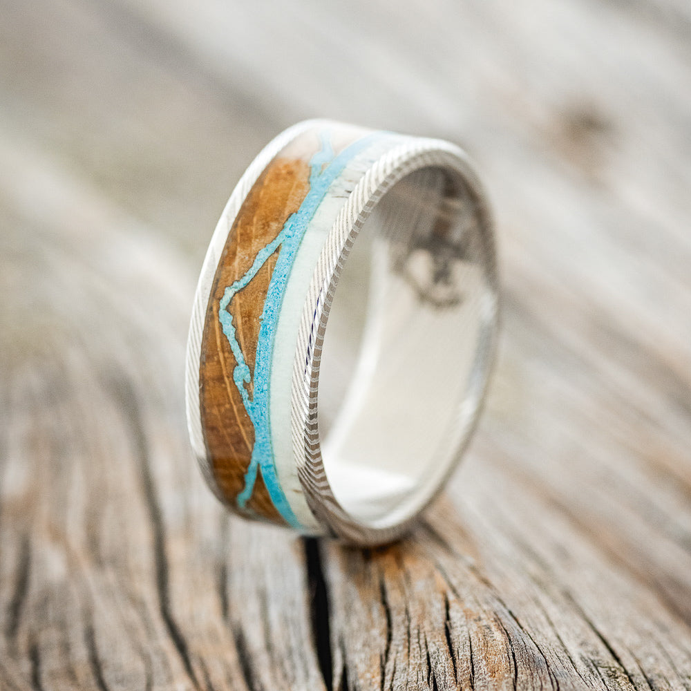 "THE EXPEDITION" - MOUNTAIN ENGRAVED WEDDING RING WITH WHISKEY BARREL OAK, TURQUOISE & ANTLER-4
