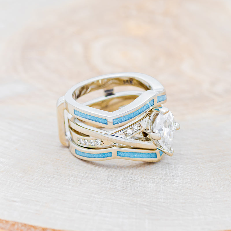 "LINA" - PEAR-SHAPED MOISSANITE ENGAGEMENT RING WITH DIAMOND ACCENTS & TURQUOISE RING GUARD-2