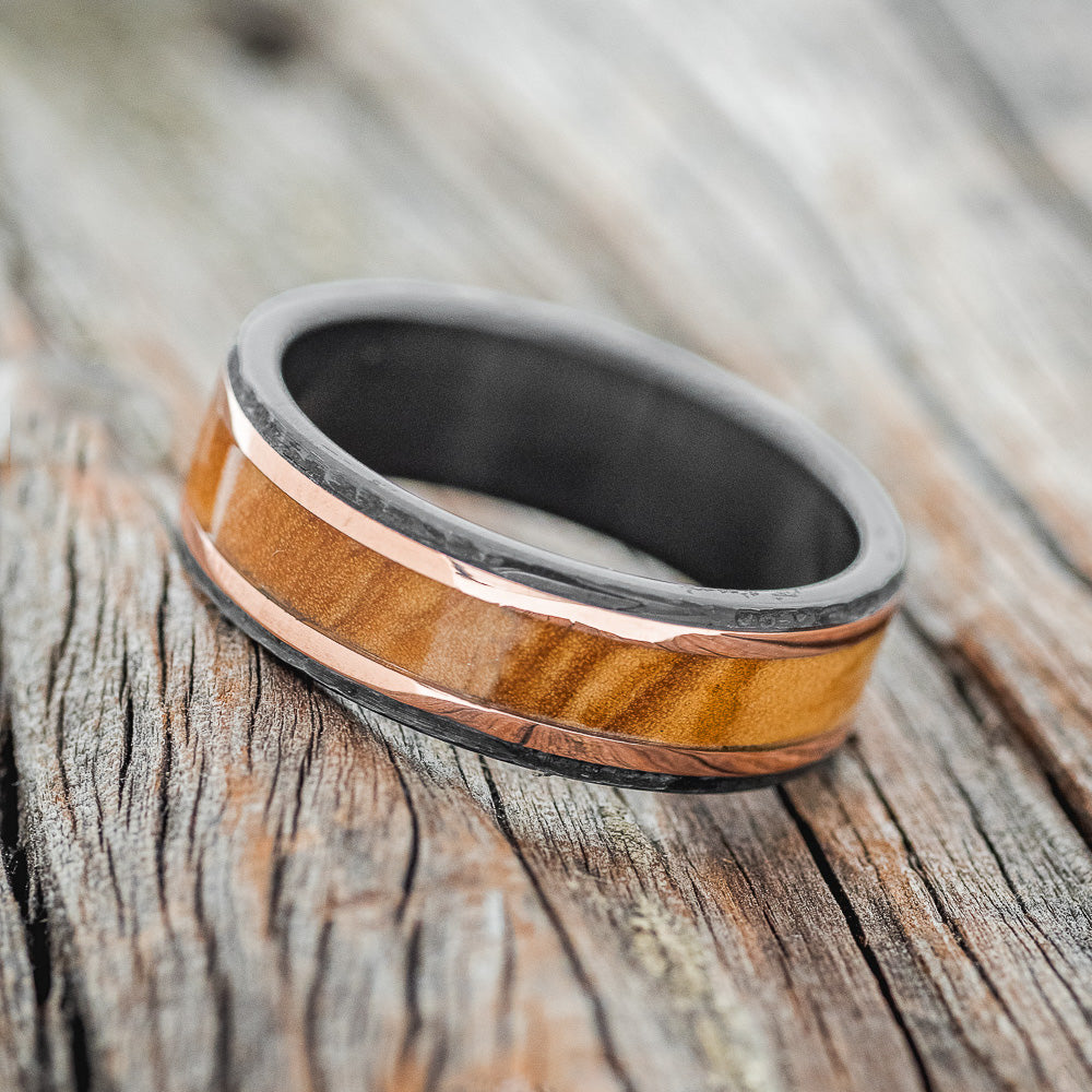 "HOLLIS" - OLIVE WOOD & 14K GOLD INLAYS WEDDING RING WITH A HAMMERED FINISH-2