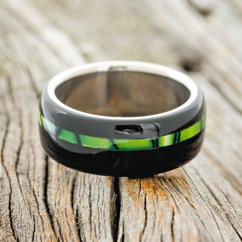 "REMMY" - BLACK & NUCLEAR LIME ACRYLIC WEDDING RING - TITANIUM - SIZE 7-3