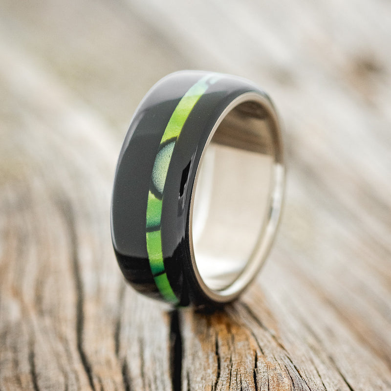 "REMMY" - BLACK & NUCLEAR LIME ACRYLIC WEDDING RING - TITANIUM - SIZE 7-1