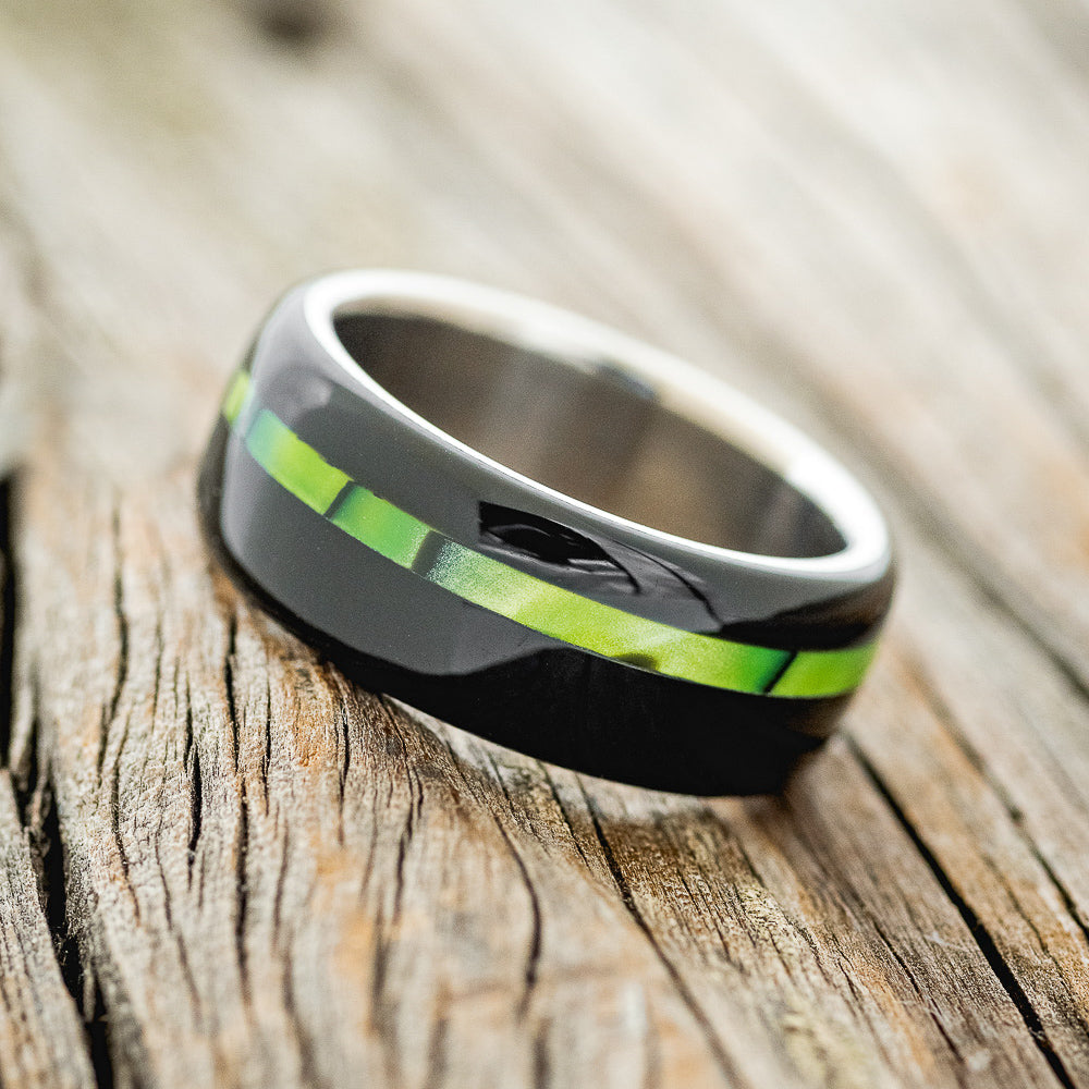 "REMMY" - BLACK & NUCLEAR LIME ACRYLIC WEDDING BAND-2