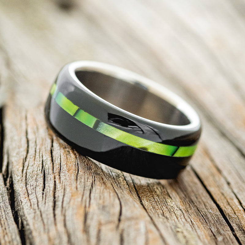 "REMMY" - BLACK & NUCLEAR LIME ACRYLIC WEDDING RING - TITANIUM - SIZE 7-2