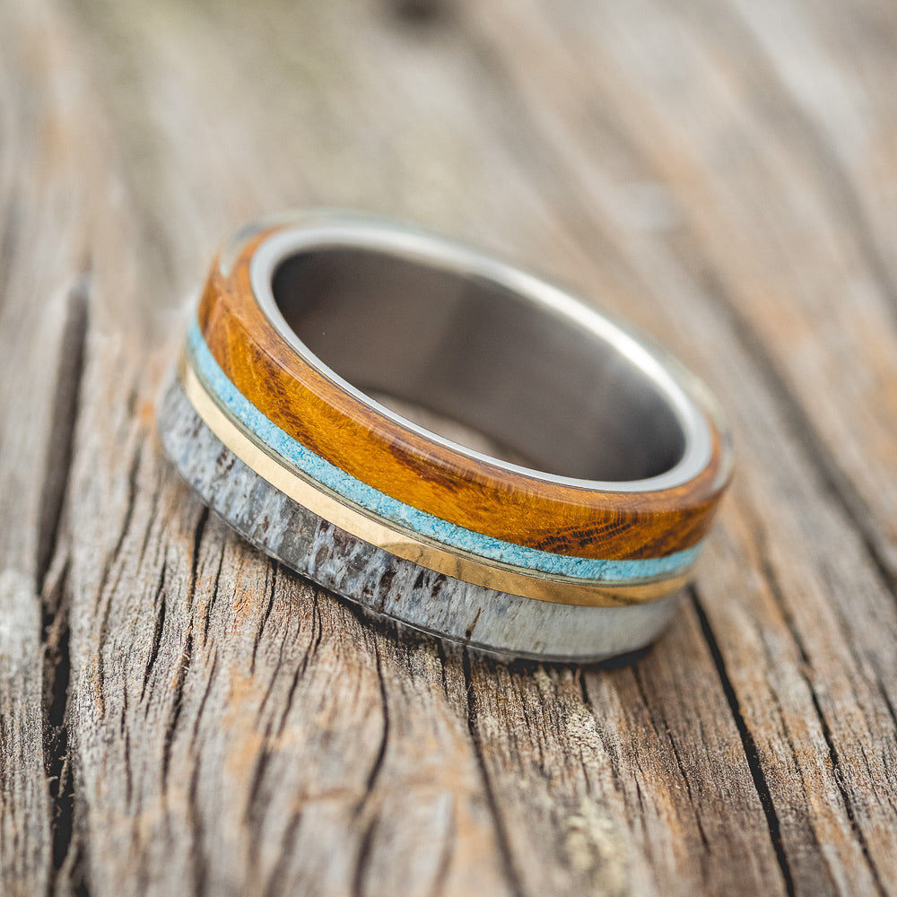 "ARGOS" - TURQUOISE, ANTLER, 14K GOLD INLAY & IRONWOOD WEDDING BAND-2