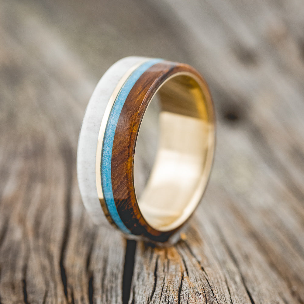 "ARGOS" - TURQUOISE, ANTLER, 14K GOLD INLAY & IRONWOOD WEDDING BAND-4