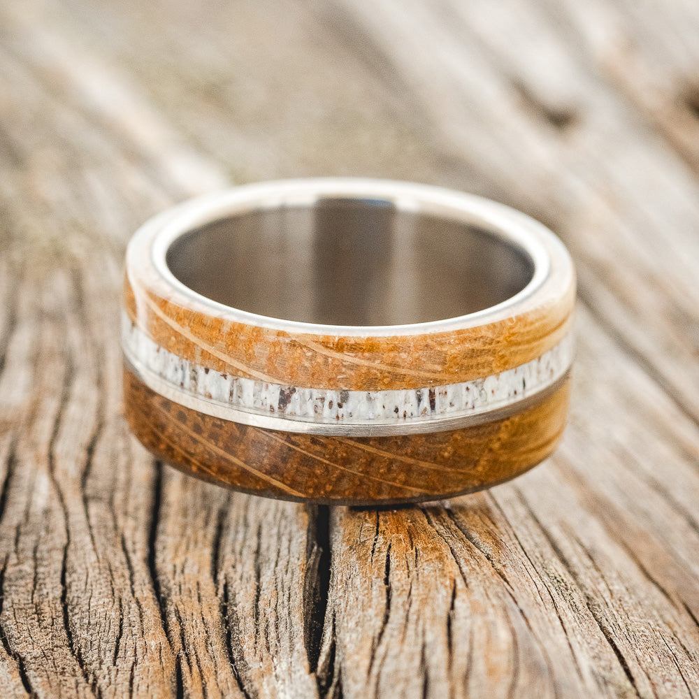 "GOLDEN" - WHISKEY BARREL OAK & ANTLER WEDDING BAND-3