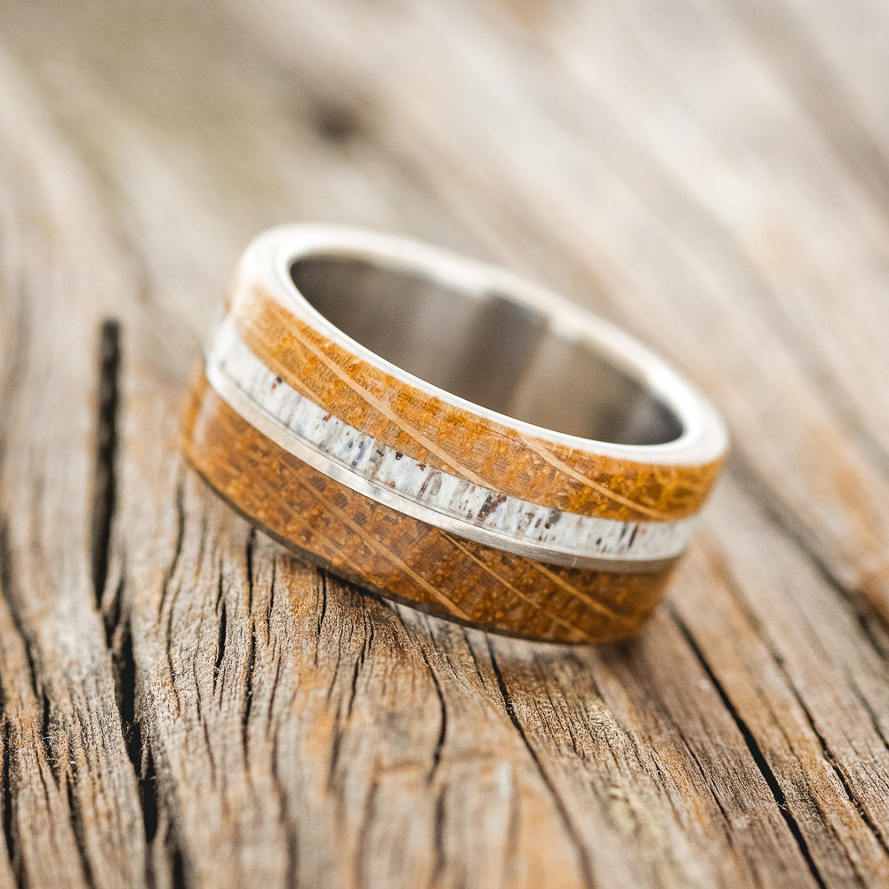 "GOLDEN" - WHISKEY BARREL OAK & ANTLER WEDDING BAND-2