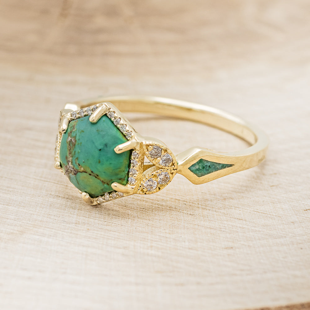 "LUCY IN THE SKY" - HEXAGON TURQUOISE ENGAGEMENT RING WITH DIAMOND ACCENTS & MALACHITE INLAYS-3