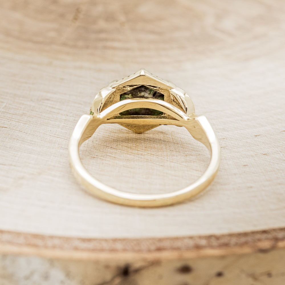 "LUCY IN THE SKY" - HEXAGON TURQUOISE ENGAGEMENT RING WITH DIAMOND ACCENTS & MALACHITE INLAYS-6