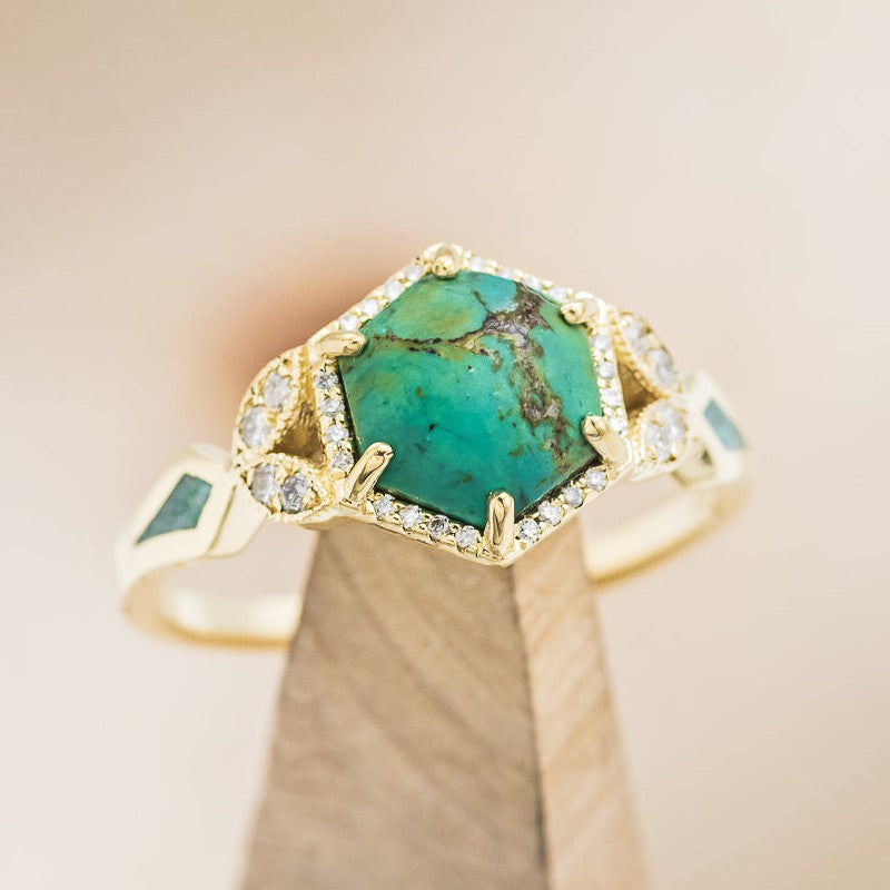 "LUCY IN THE SKY" - HEXAGON TURQUOISE ENGAGEMENT RING WITH DIAMOND ACCENTS & MALACHITE INLAYS-1