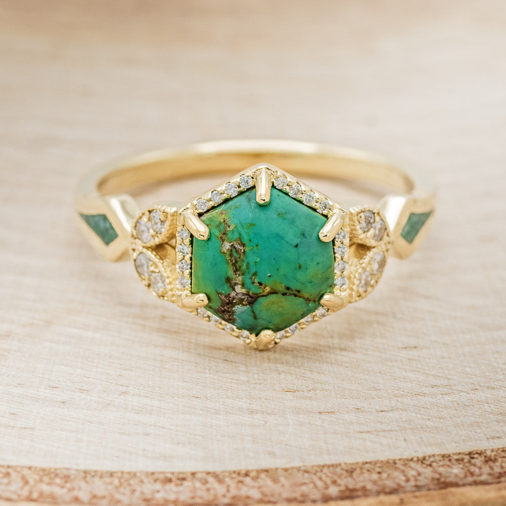 "LUCY IN THE SKY" - HEXAGON TURQUOISE ENGAGEMENT RING WITH DIAMOND ACCENTS & MALACHITE INLAYS-4